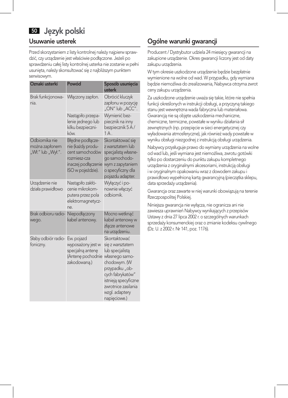 Język polski, Usuwanie usterek, Ogólne warunki gwarancji | AEG AR 4027 USB-CR User Manual | Page 50 / 54