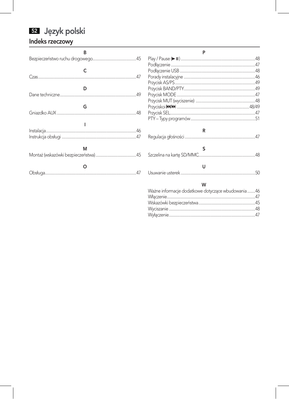 Język polski, Indeks rzeczowy | AEG AR 4027 USB-CR User Manual | Page 52 / 54