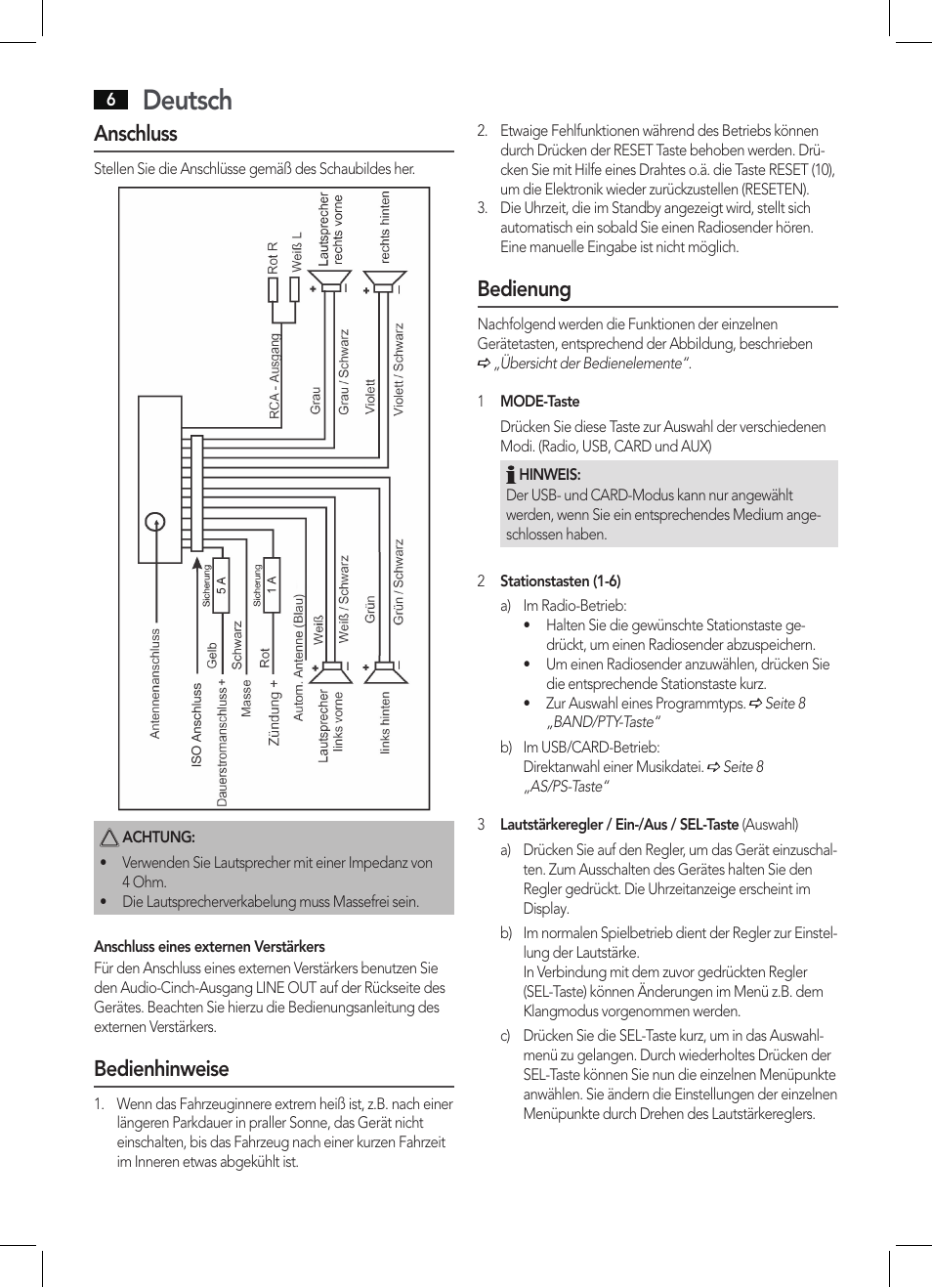 Deutsch, Anschluss, Bedienhinweise | Bedienung | AEG AR 4027 USB-CR User Manual | Page 6 / 54