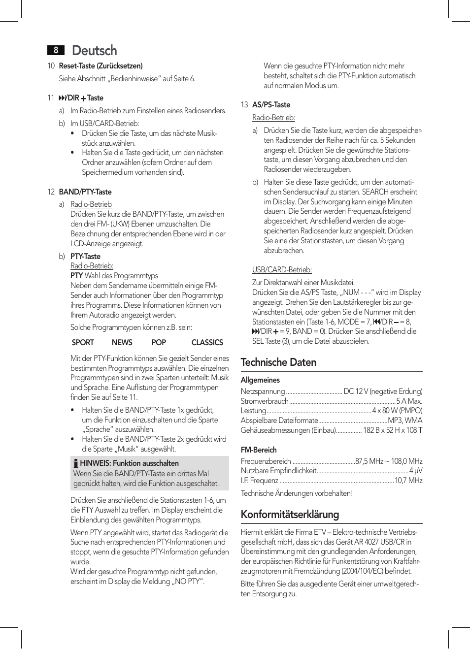 Deutsch, Technische daten, Konformitätserklärung | AEG AR 4027 USB-CR User Manual | Page 8 / 54