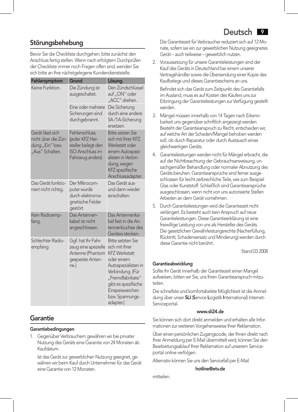 Deutsch, Störungsbehebung, Garantie | AEG AR 4027 USB-CR User Manual | Page 9 / 54