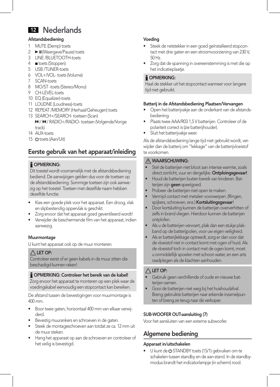 Nederlands, Eerste gebruik van het apparaat/inleiding, Algemene bediening | AEG BSS 4806 User Manual | Page 12 / 66