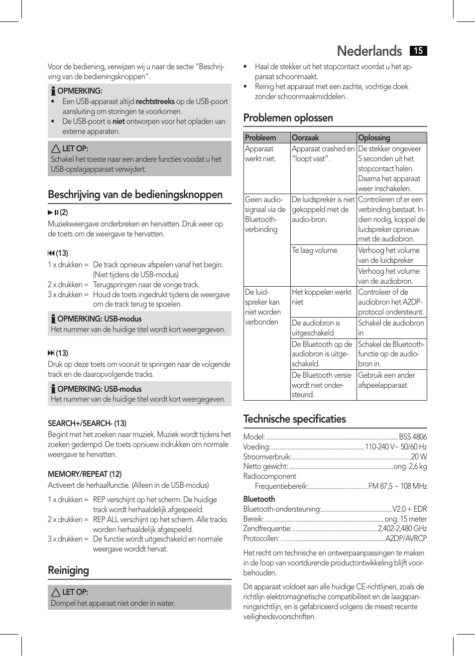 Nederlands, Beschrijving van de bedieningsknoppen, Reiniging | Problemen oplossen, Technische specificaties | AEG BSS 4806 User Manual | Page 15 / 66