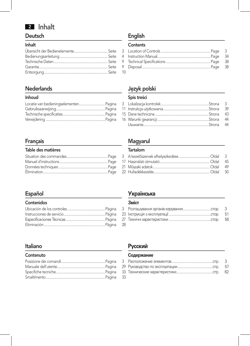 Inhalt, Deutsch, Nederlands | Français, Español, Italiano, English, Język polski, Magyarul, Українська | AEG BSS 4806 User Manual | Page 2 / 66