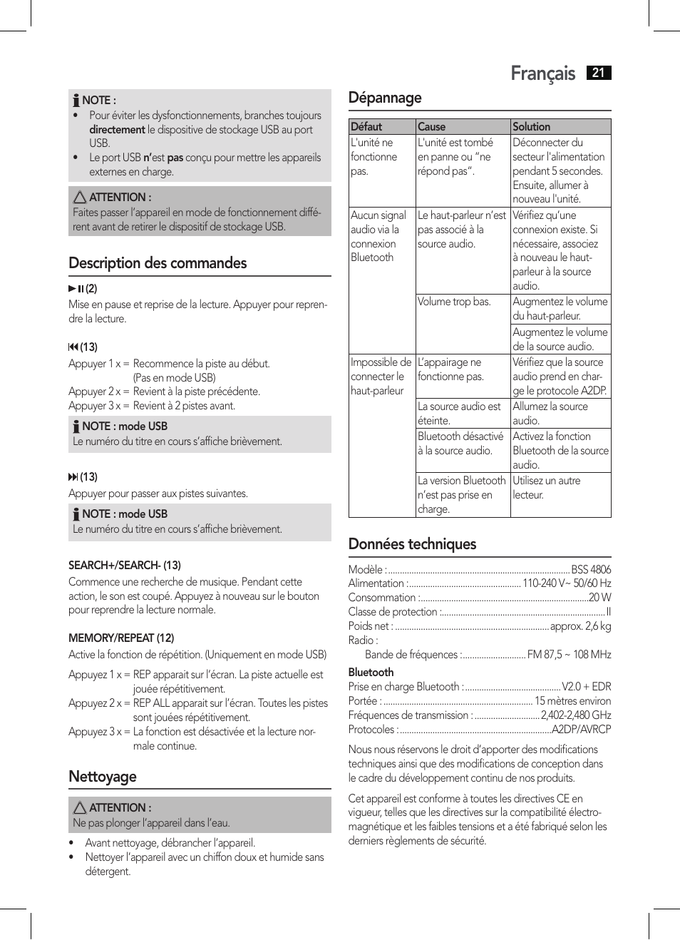 Français, Description des commandes, Nettoyage | Dépannage, Données techniques | AEG BSS 4806 User Manual | Page 21 / 66