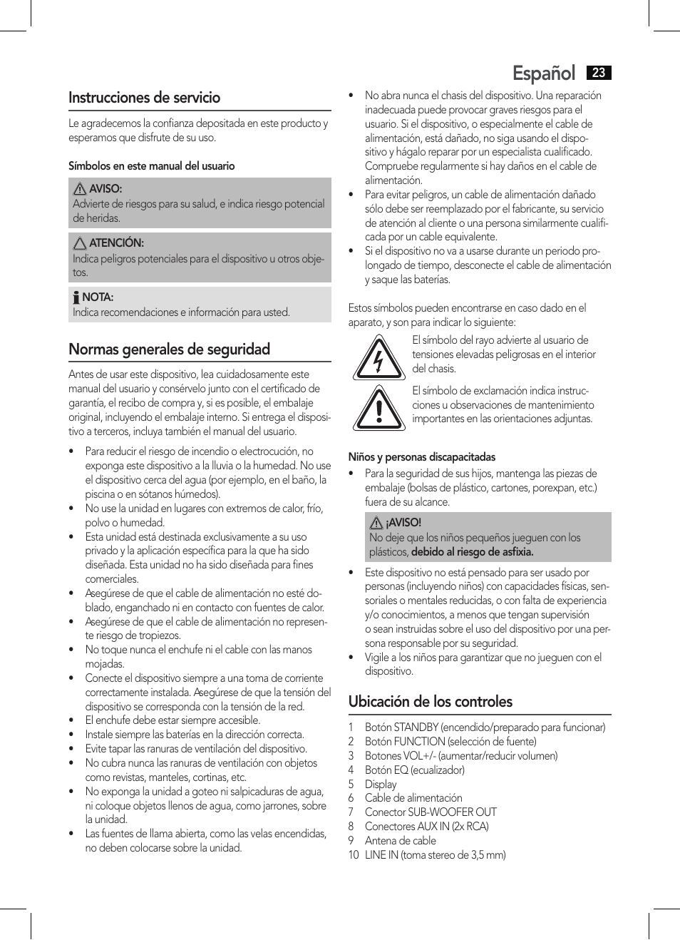 Español, Instrucciones de servicio, Normas generales de seguridad | Ubicación de los controles | AEG BSS 4806 User Manual | Page 23 / 66