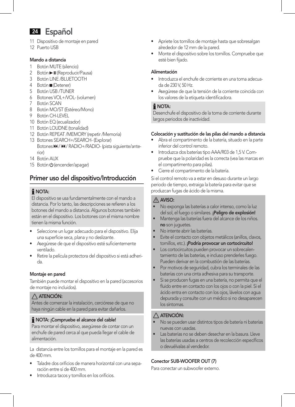 Español, Primer uso del dispositivo/introducción | AEG BSS 4806 User Manual | Page 24 / 66