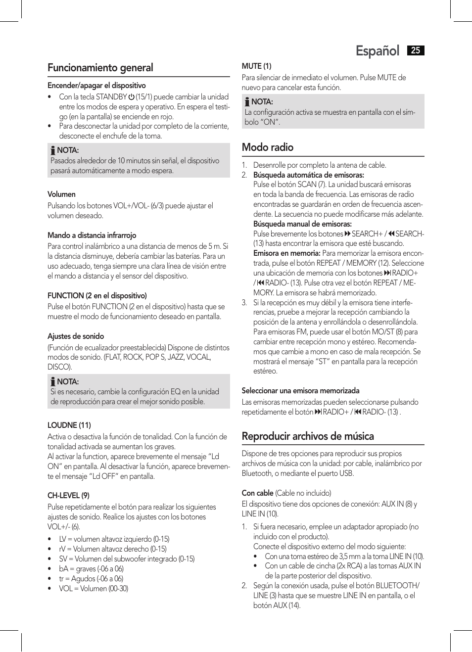 Español, Funcionamiento general, Modo radio | Reproducir archivos de música | AEG BSS 4806 User Manual | Page 25 / 66