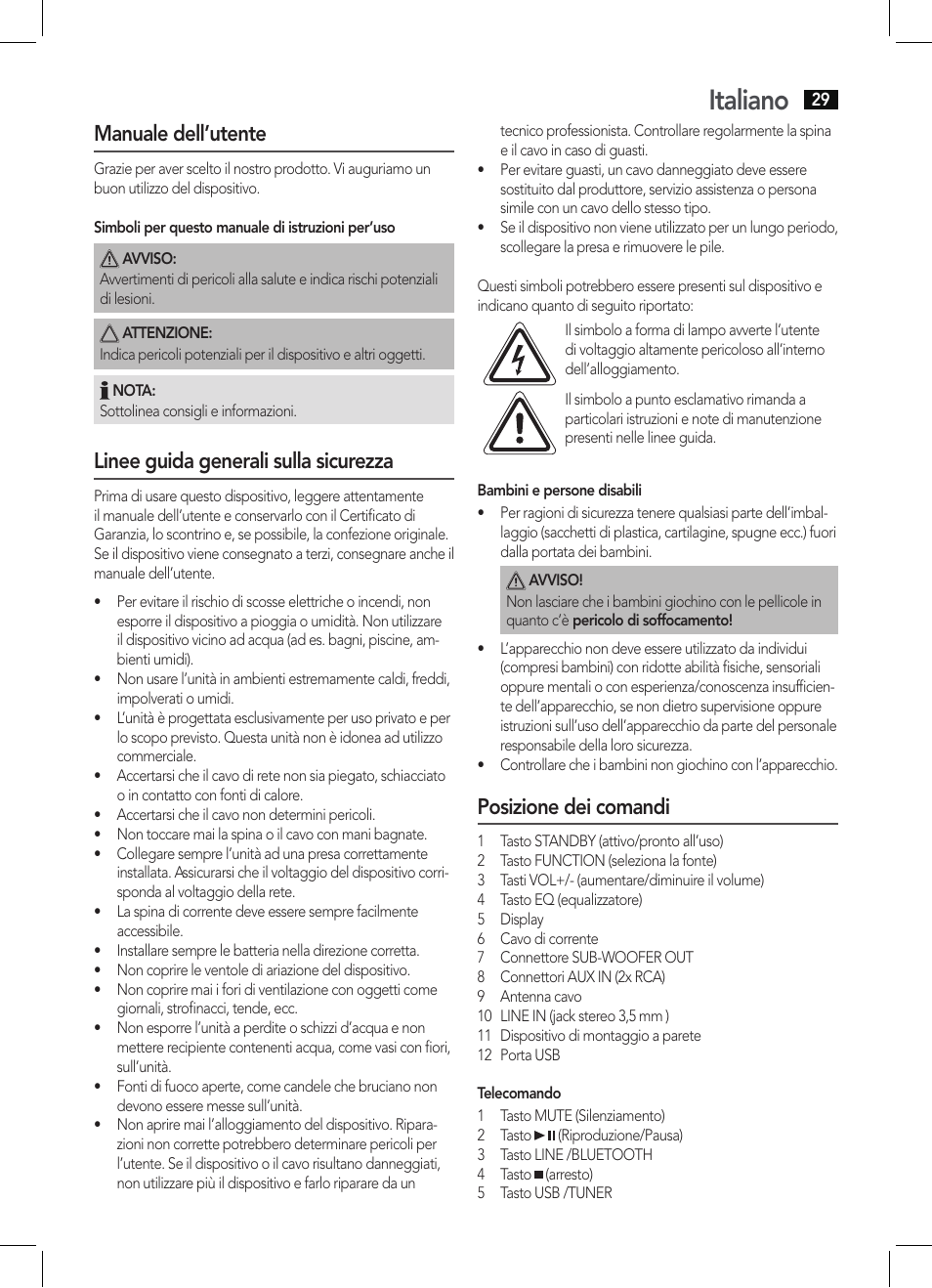 Italiano, Manuale dell’utente, Linee guida generali sulla sicurezza | Posizione dei comandi | AEG BSS 4806 User Manual | Page 29 / 66