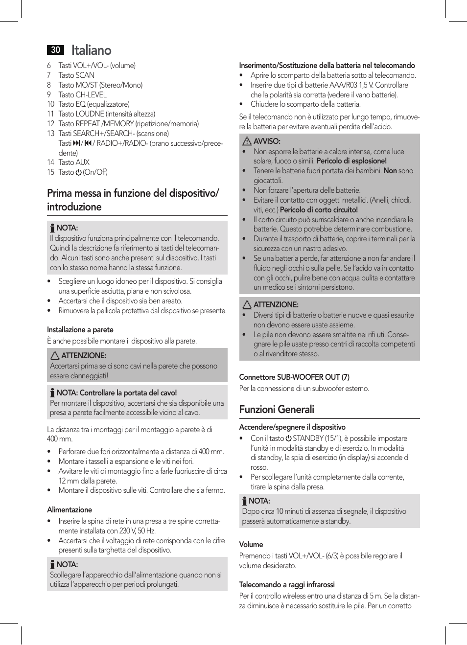 Italiano, Funzioni generali | AEG BSS 4806 User Manual | Page 30 / 66