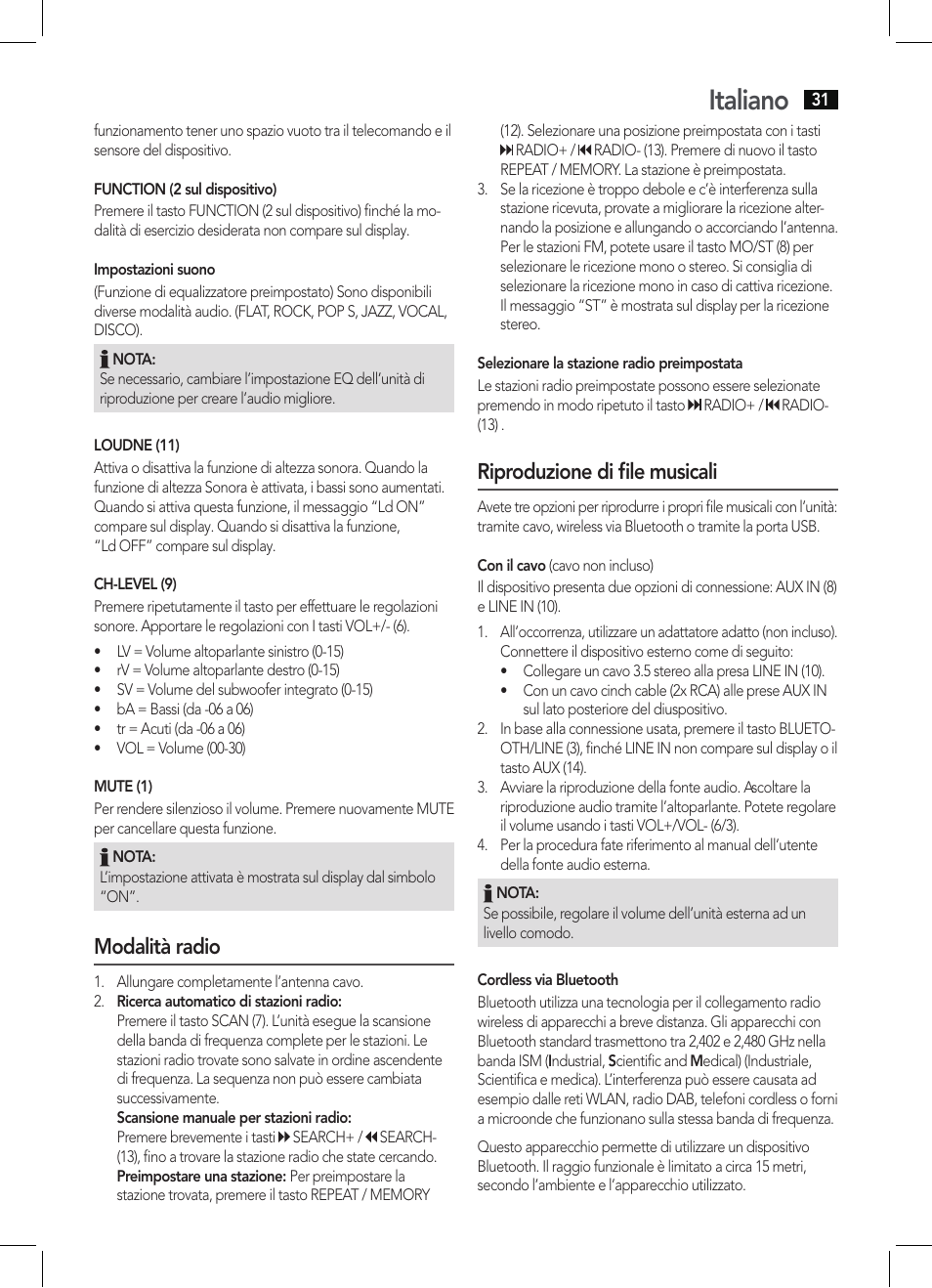 Italiano, Modalità radio, Riproduzione di file musicali | AEG BSS 4806 User Manual | Page 31 / 66