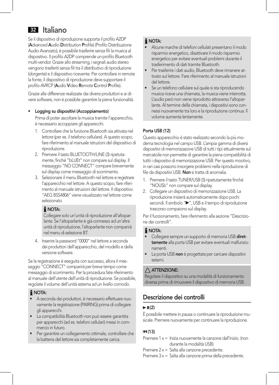 Italiano, Descrizione dei controlli | AEG BSS 4806 User Manual | Page 32 / 66