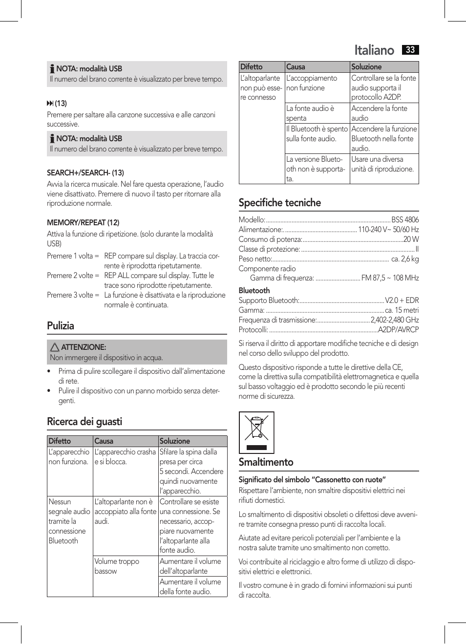 Italiano, Pulizia, Ricerca dei guasti | Specifiche tecniche, Smaltimento | AEG BSS 4806 User Manual | Page 33 / 66