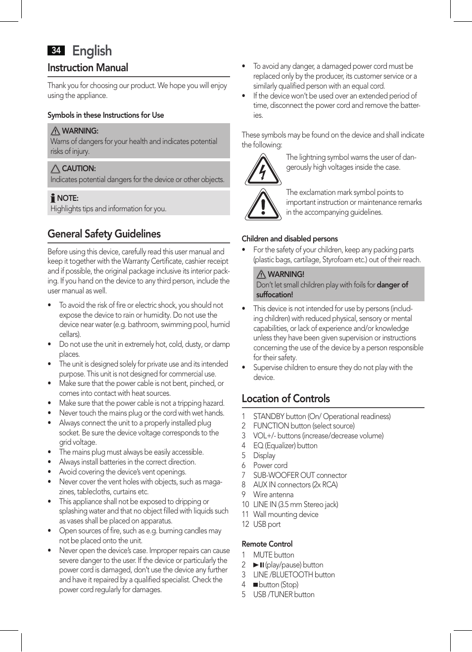 English, Instruction manual, General safety guidelines | Location of controls | AEG BSS 4806 User Manual | Page 34 / 66