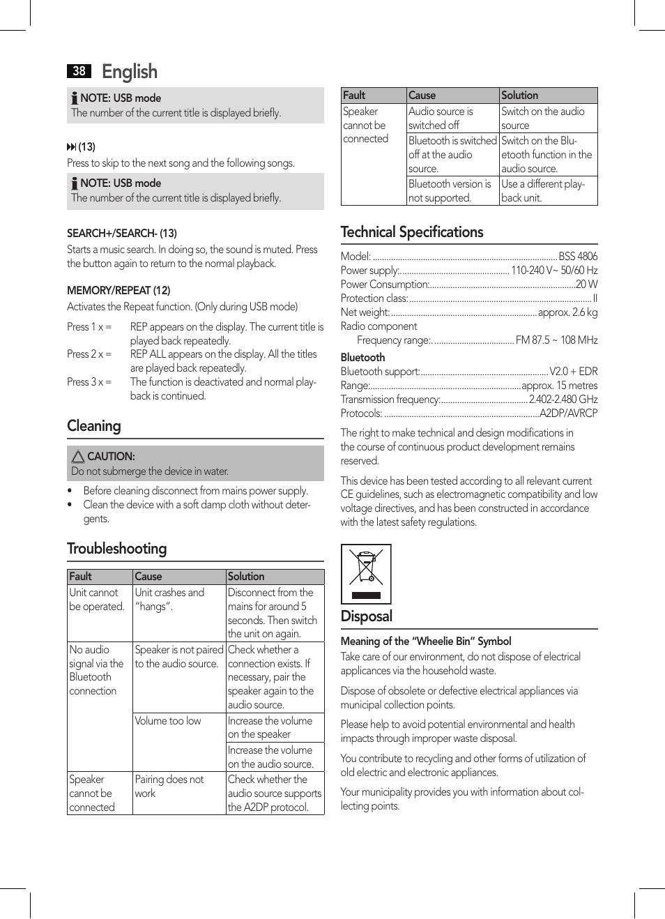 English, Cleaning, Troubleshooting | Technical specifications, Disposal | AEG BSS 4806 User Manual | Page 38 / 66