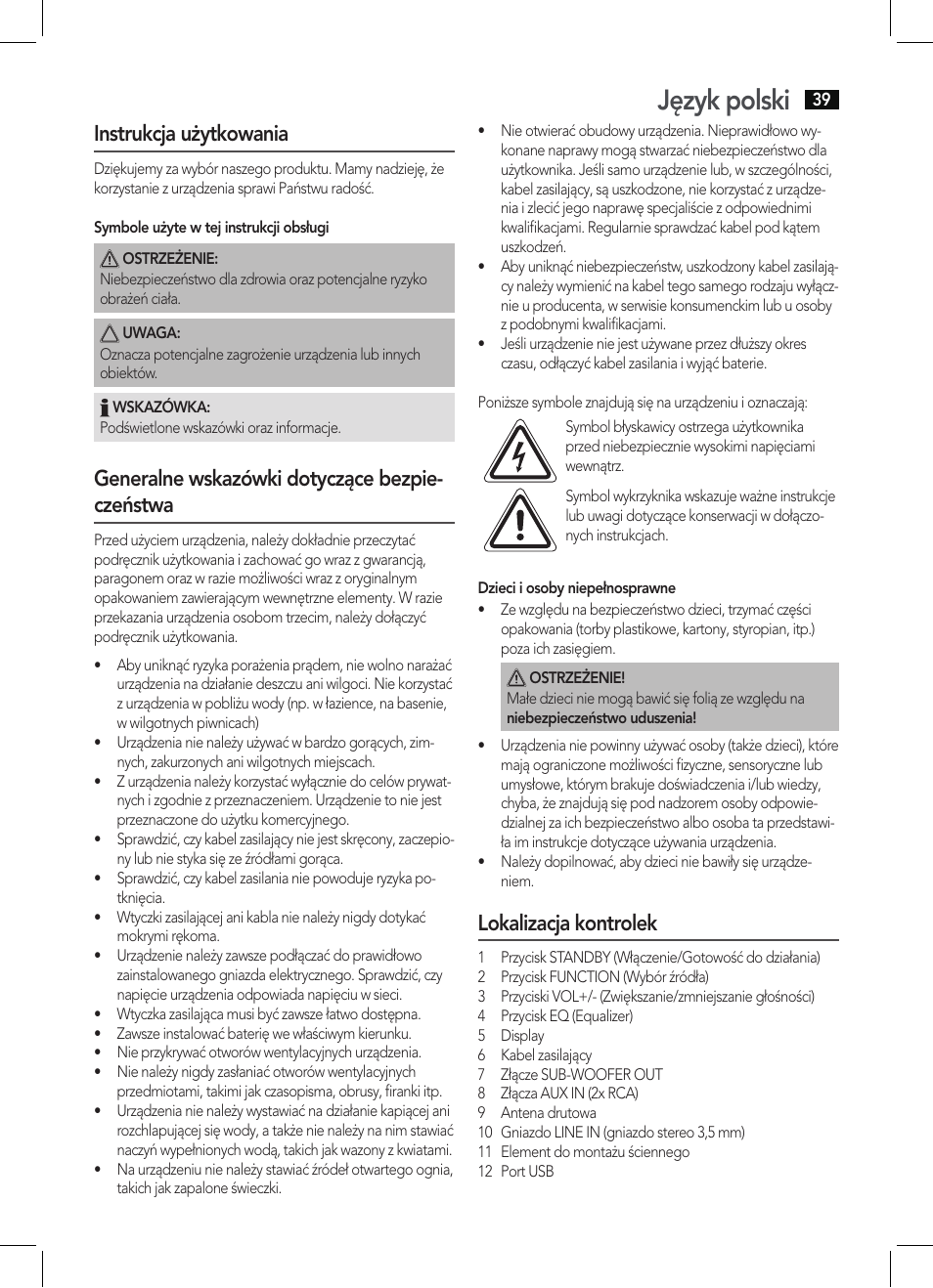 Język polski, Instrukcja użytkowania, Generalne wskazówki dotyczące bezpie- czeństwa | Lokalizacja kontrolek | AEG BSS 4806 User Manual | Page 39 / 66