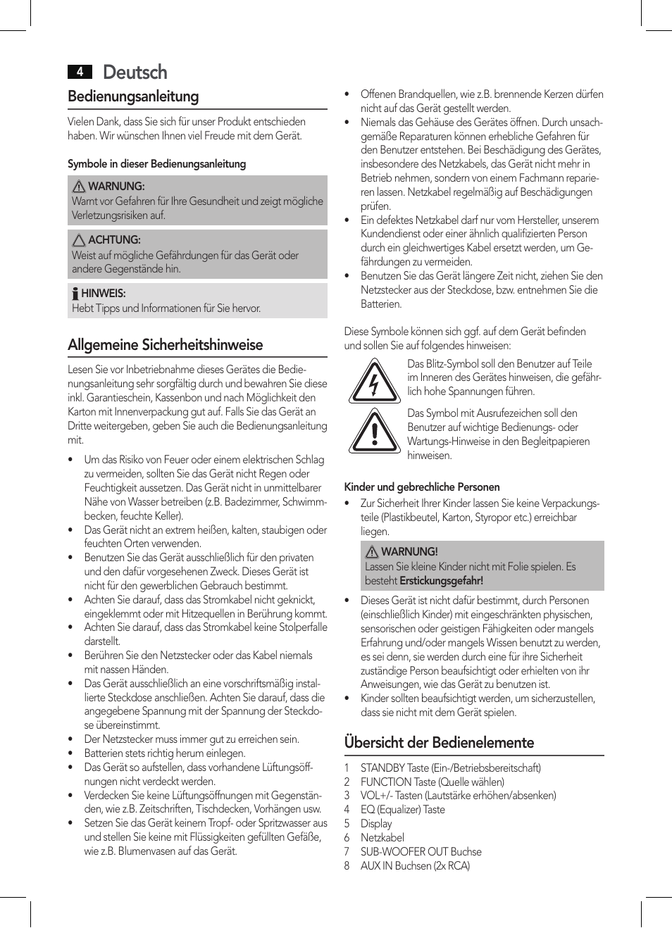 Deutsch, Bedienungsanleitung, Allgemeine sicherheitshinweise | Übersicht der bedienelemente | AEG BSS 4806 User Manual | Page 4 / 66