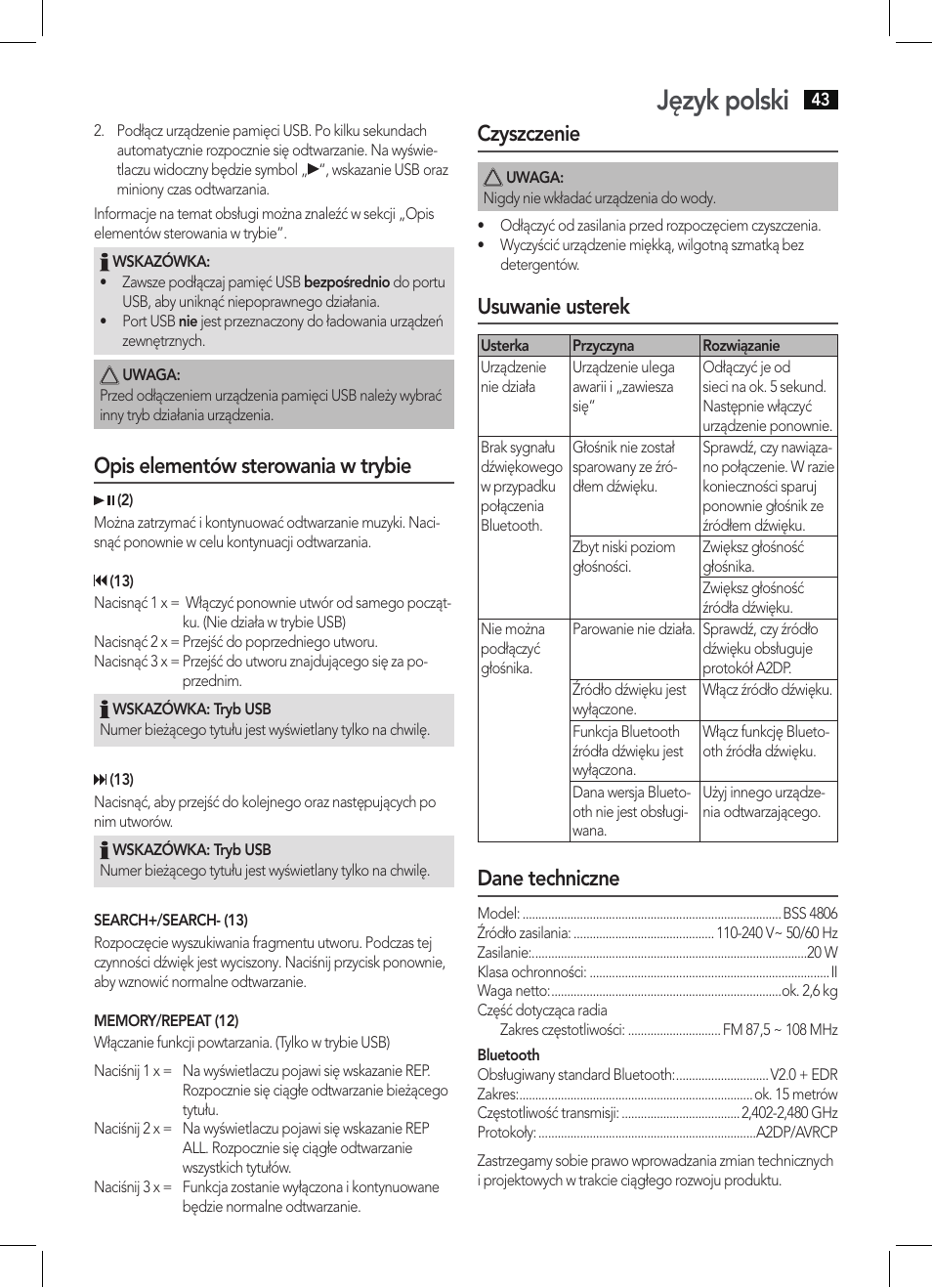 Język polski, Opis elementów sterowania w trybie, Czyszczenie | Usuwanie usterek, Dane techniczne | AEG BSS 4806 User Manual | Page 43 / 66