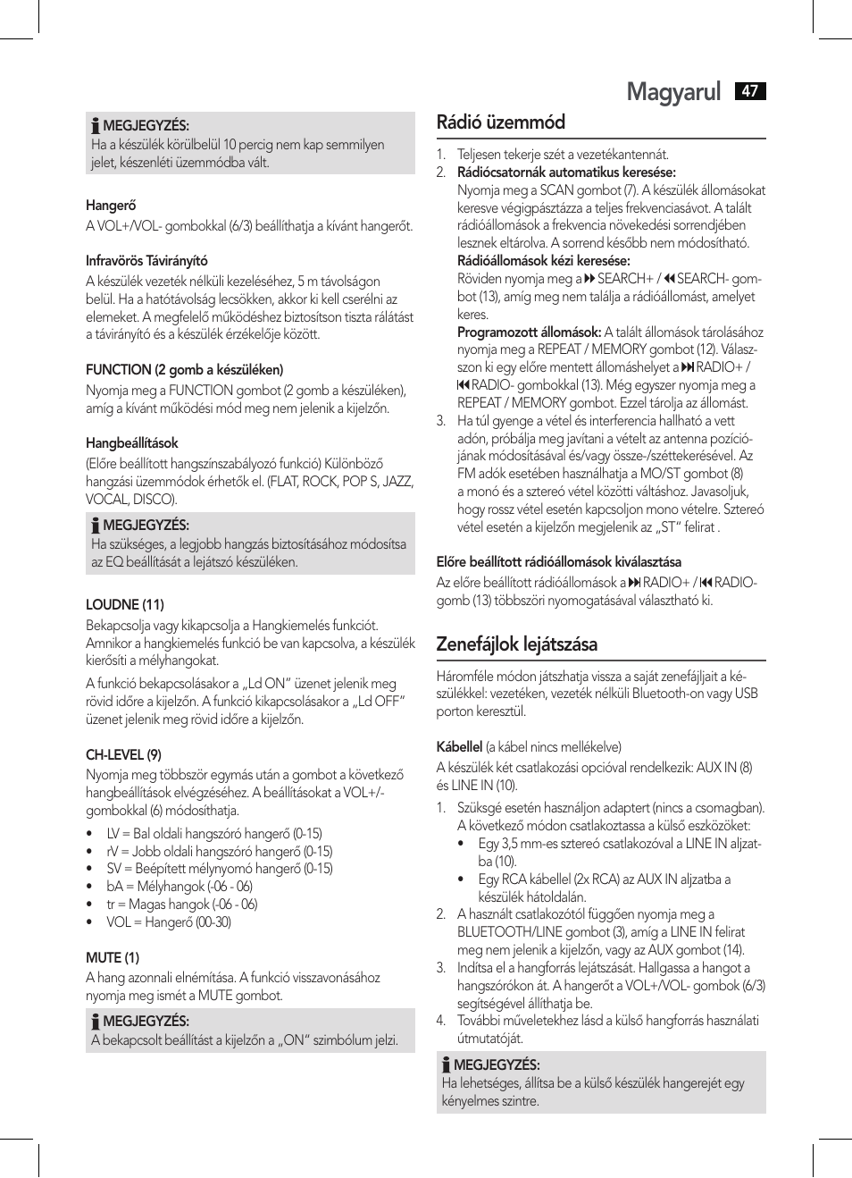 Magyarul, Rádió üzemmód, Zenefájlok lejátszása | AEG BSS 4806 User Manual | Page 47 / 66