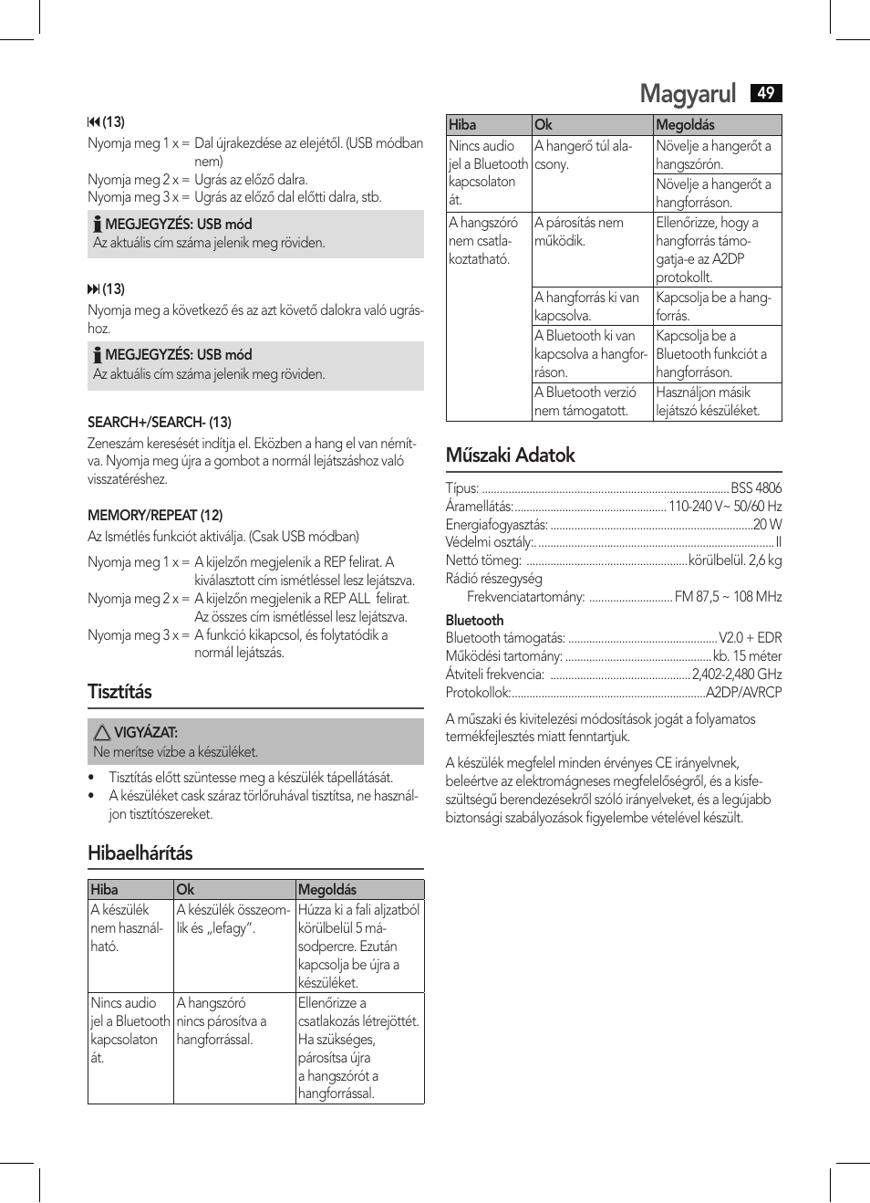Magyarul, Tisztítás, Hibaelhárítás | Műszaki adatok | AEG BSS 4806 User Manual | Page 49 / 66