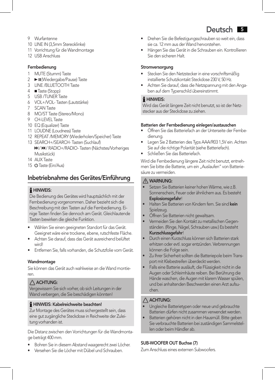Deutsch, Inbetriebnahme des gerätes/einführung | AEG BSS 4806 User Manual | Page 5 / 66