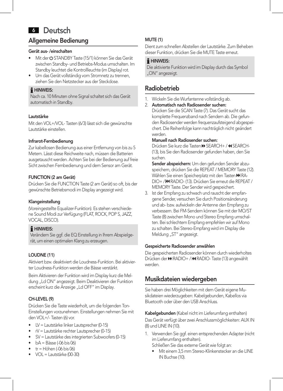 Deutsch, Allgemeine bedienung, Radiobetrieb | Musikdateien wiedergeben | AEG BSS 4806 User Manual | Page 6 / 66