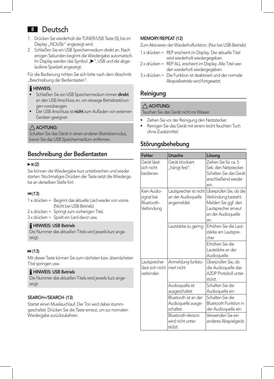 Deutsch, Beschreibung der bedientasten, Reinigung | Störungsbehebung | AEG BSS 4806 User Manual | Page 8 / 66