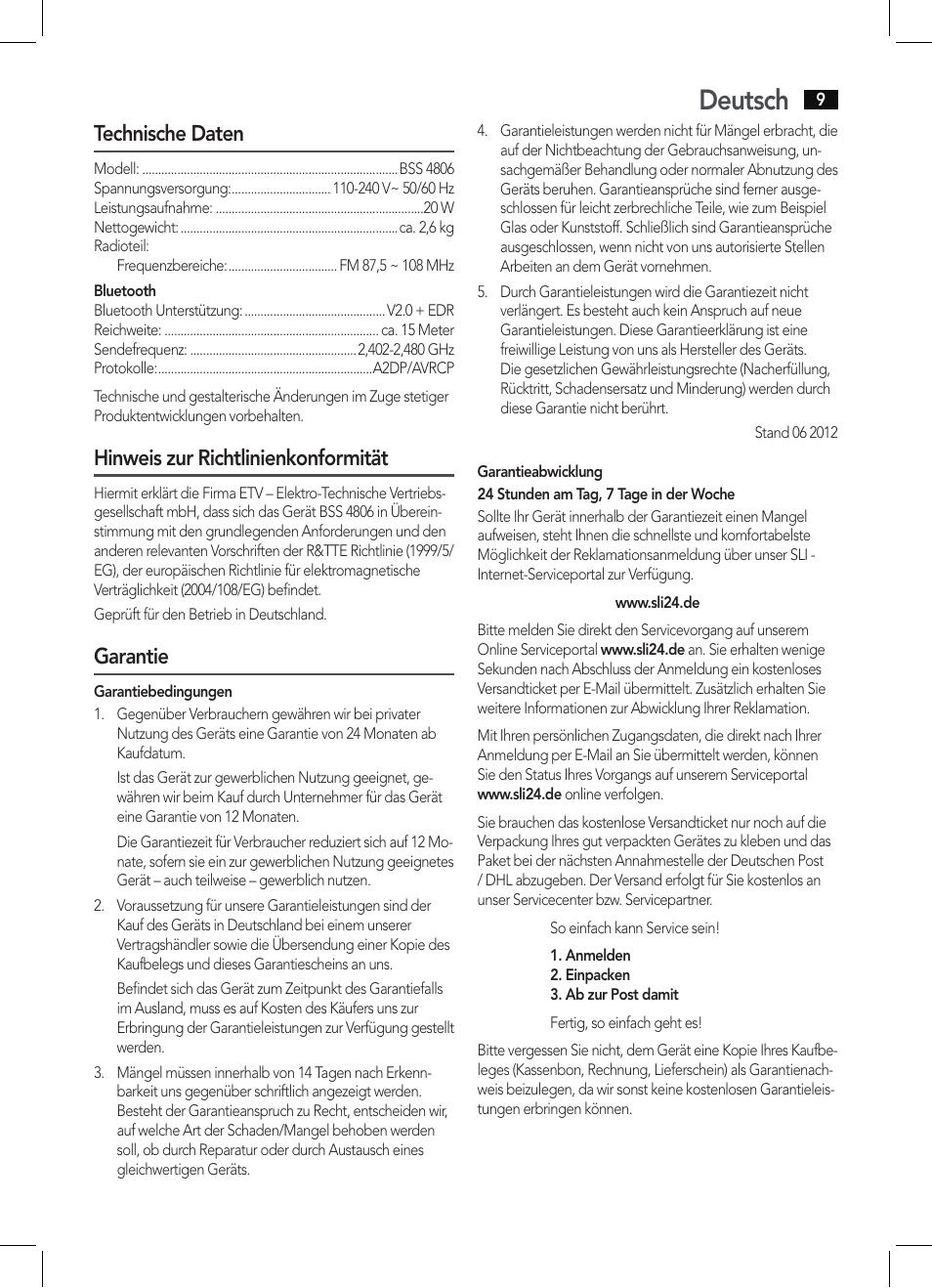 Deutsch, Technische daten, Hinweis zur richtlinienkonformität | Garantie | AEG BSS 4806 User Manual | Page 9 / 66
