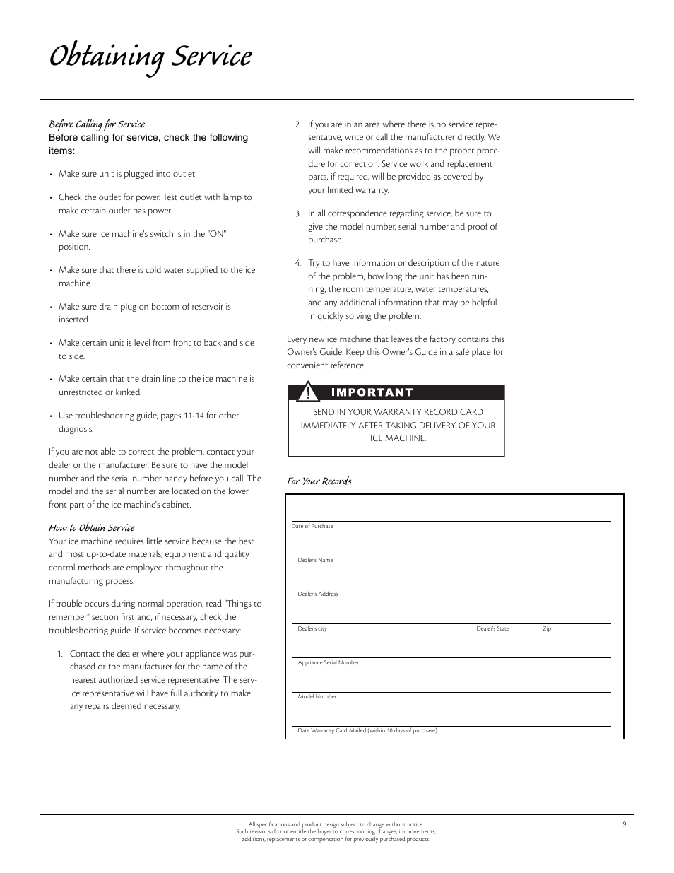 Obtaining service, Before calling for service, How to obtain service | For your records | Aga Ranges 30AIM User Manual | Page 10 / 17