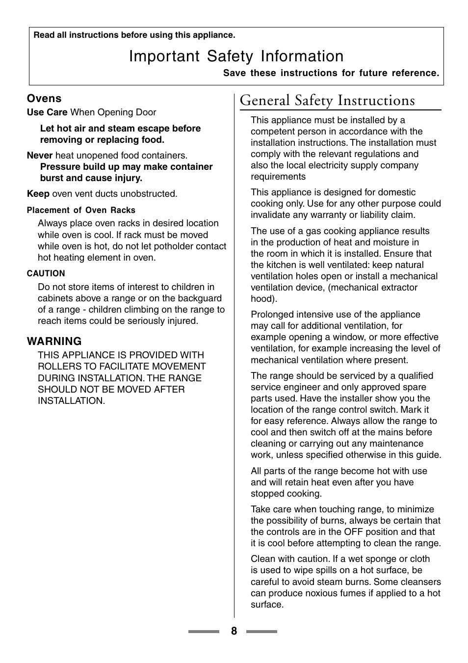 Important safety information, General safety instructions | Aga Ranges U104001-03 User Manual | Page 10 / 56