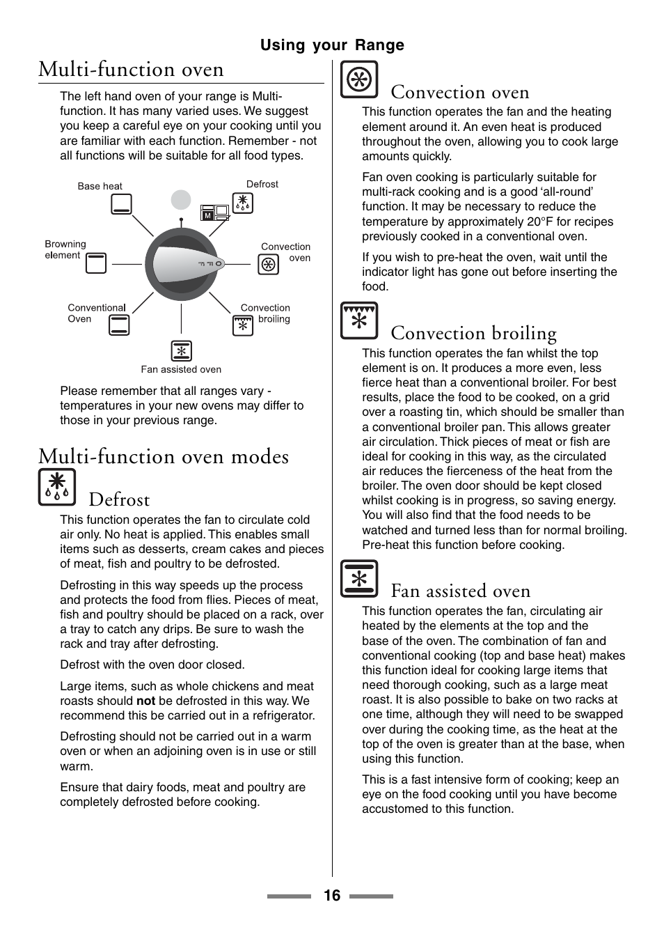 Multi-function oven, Multi-function oven modes, Defrost | Convection oven, Convection broiling, Fan assisted oven | Aga Ranges U104001-03 User Manual | Page 18 / 56