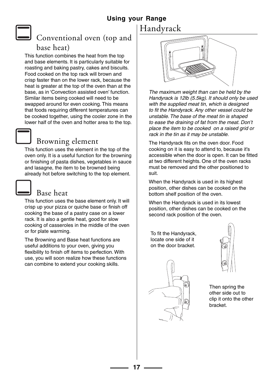 Handyrack, Conventional oven (top and base heat), Browning element | Base heat | Aga Ranges U104001-03 User Manual | Page 19 / 56