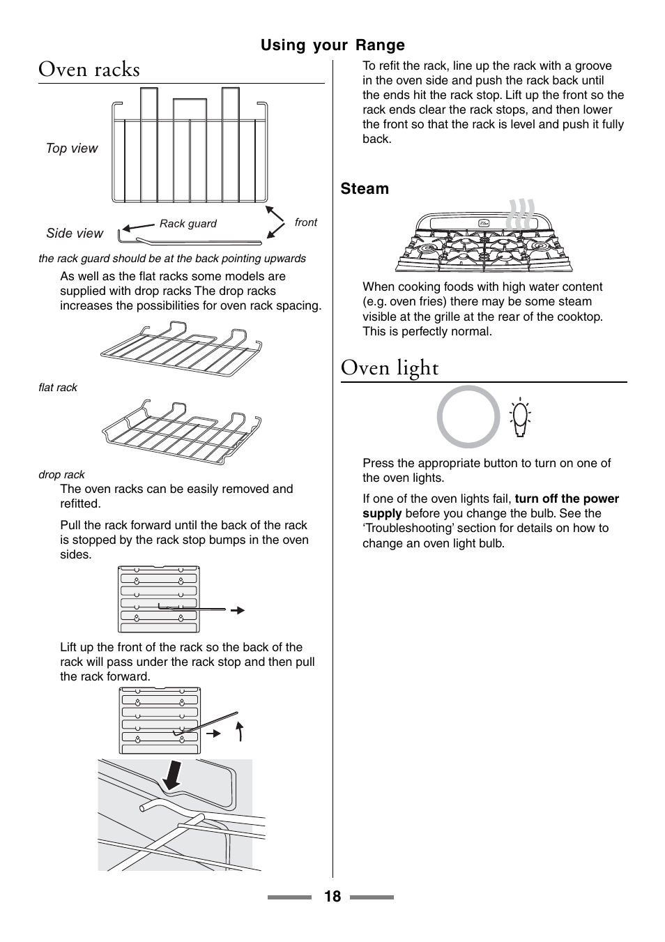 Oven racks, Oven light | Aga Ranges U104001-03 User Manual | Page 20 / 56