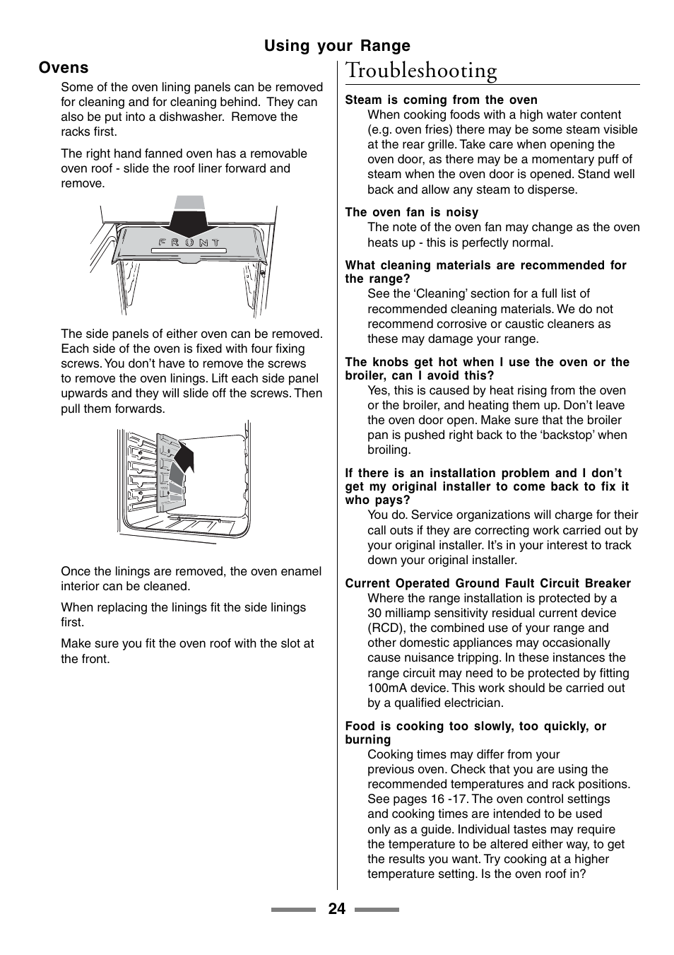 Troubleshooting, 24 using your range ovens | Aga Ranges U104001-03 User Manual | Page 26 / 56