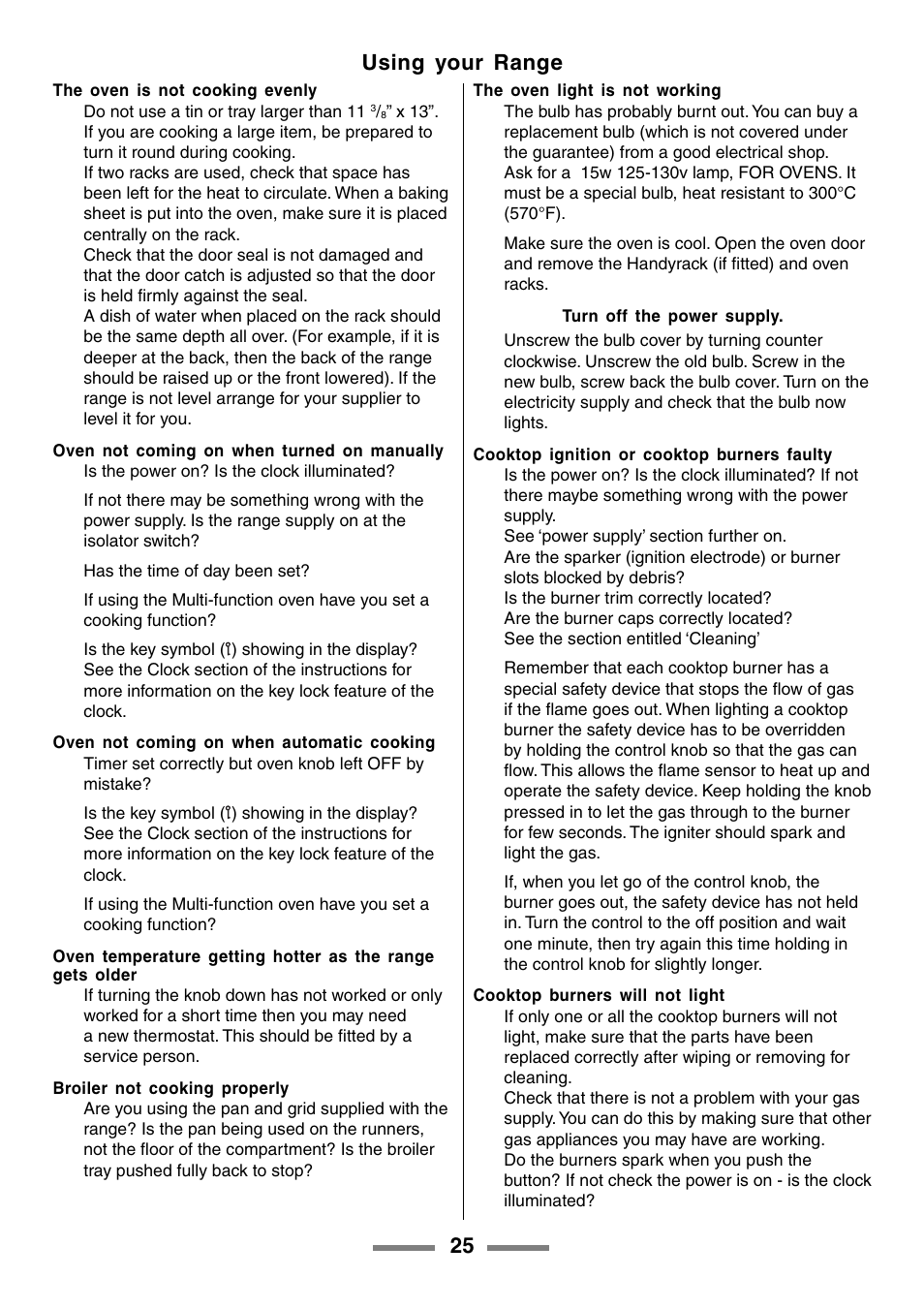25 using your range | Aga Ranges U104001-03 User Manual | Page 27 / 56