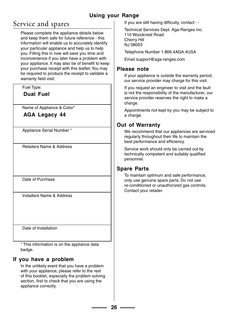 Service and spares | Aga Ranges U104001-03 User Manual | Page 28 / 56