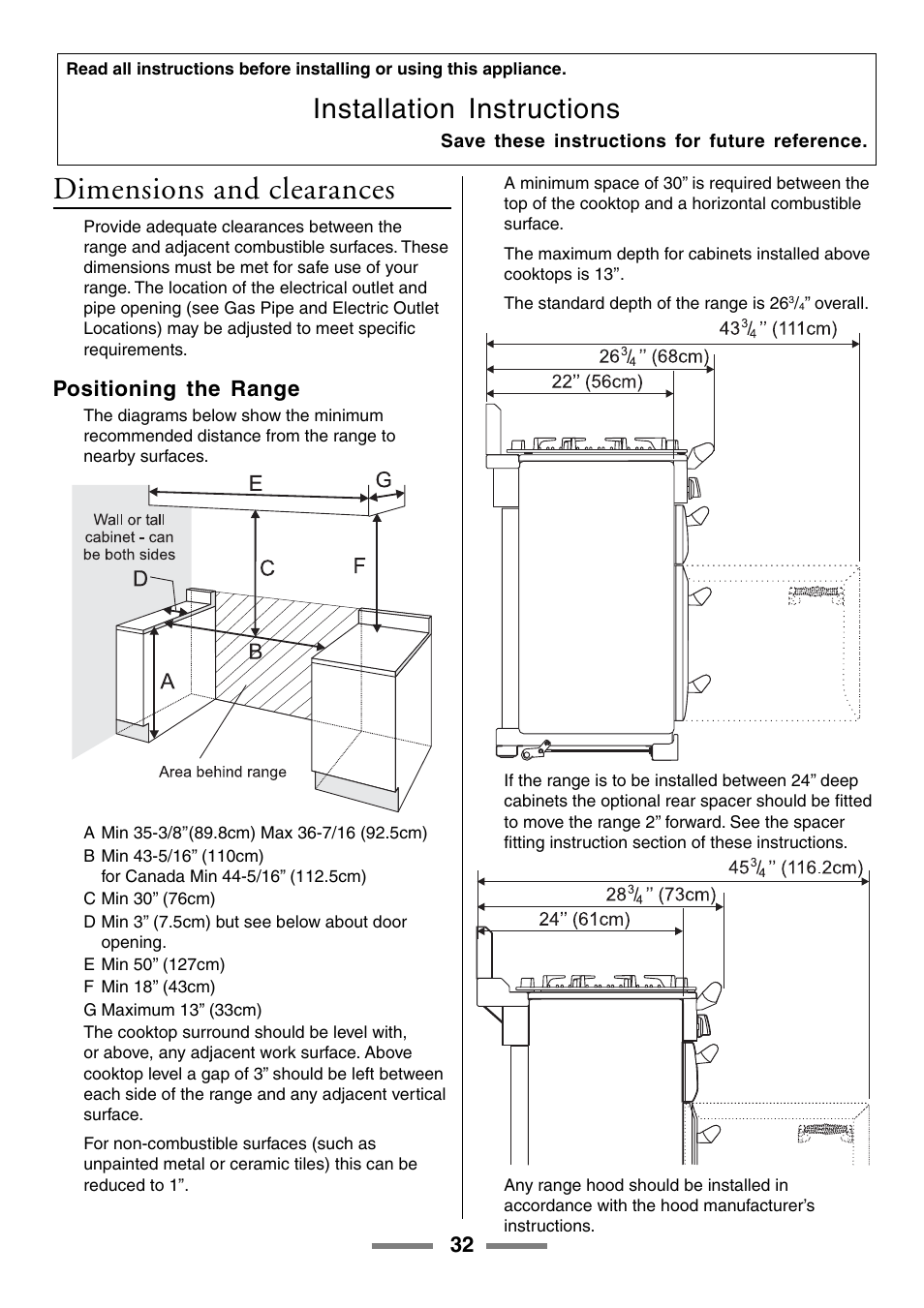 Dimensions and clearances, Installation instructions, Positioning the range | Aga Ranges U104001-03 User Manual | Page 34 / 56