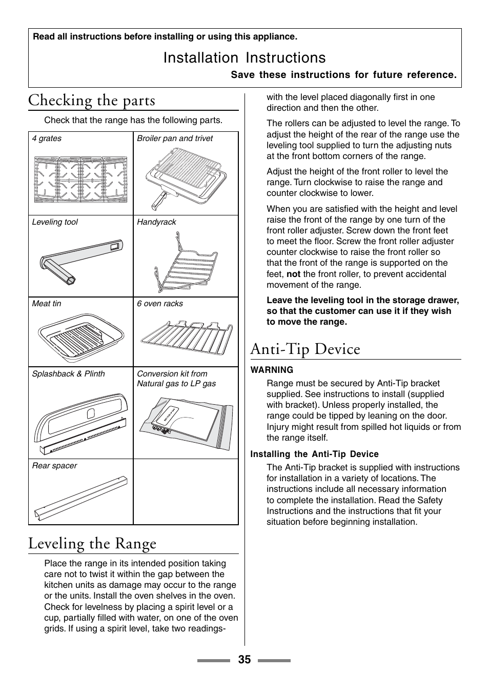 Checking the parts, Leveling the range, Anti-tip device | Installation instructions | Aga Ranges U104001-03 User Manual | Page 37 / 56