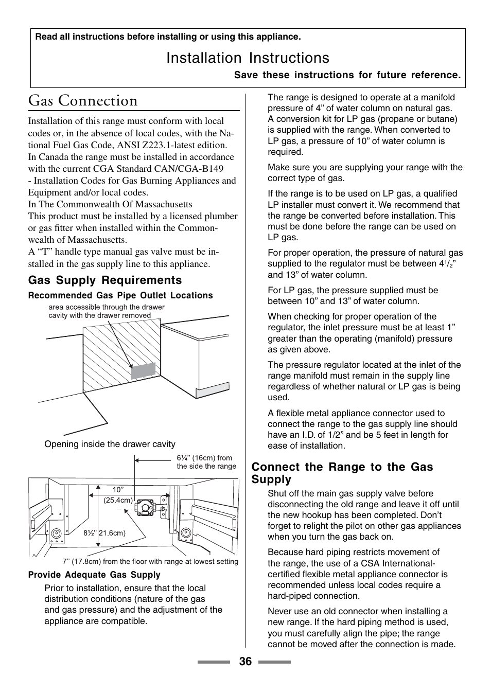 Gas connection, Installation instructions, Gas supply requirements | Connect the range to the gas supply | Aga Ranges U104001-03 User Manual | Page 38 / 56