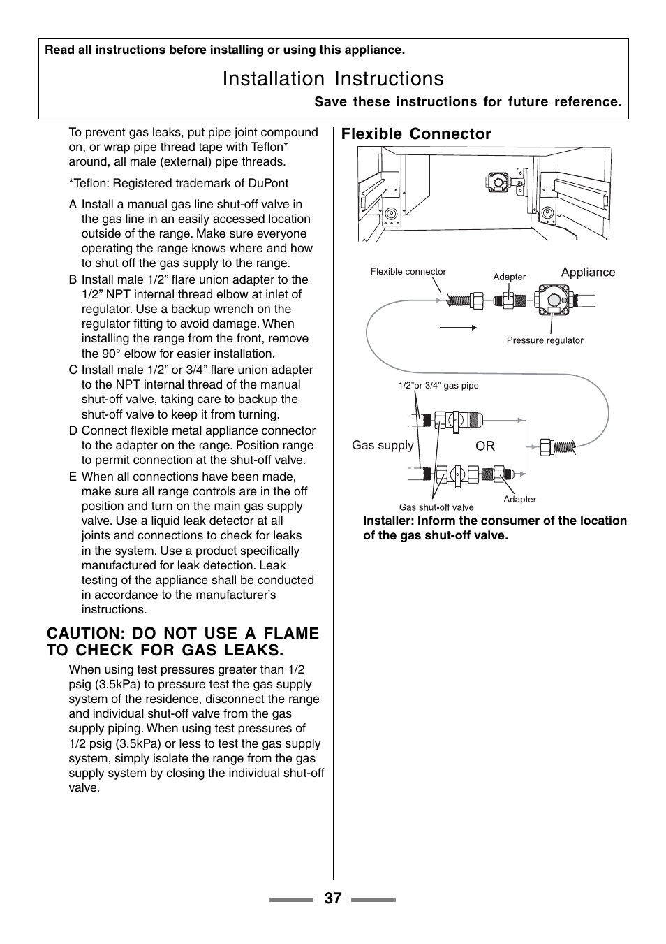 Installation instructions, Caution: do not use a flame to check for gas leaks, Flexible connector | Aga Ranges U104001-03 User Manual | Page 39 / 56