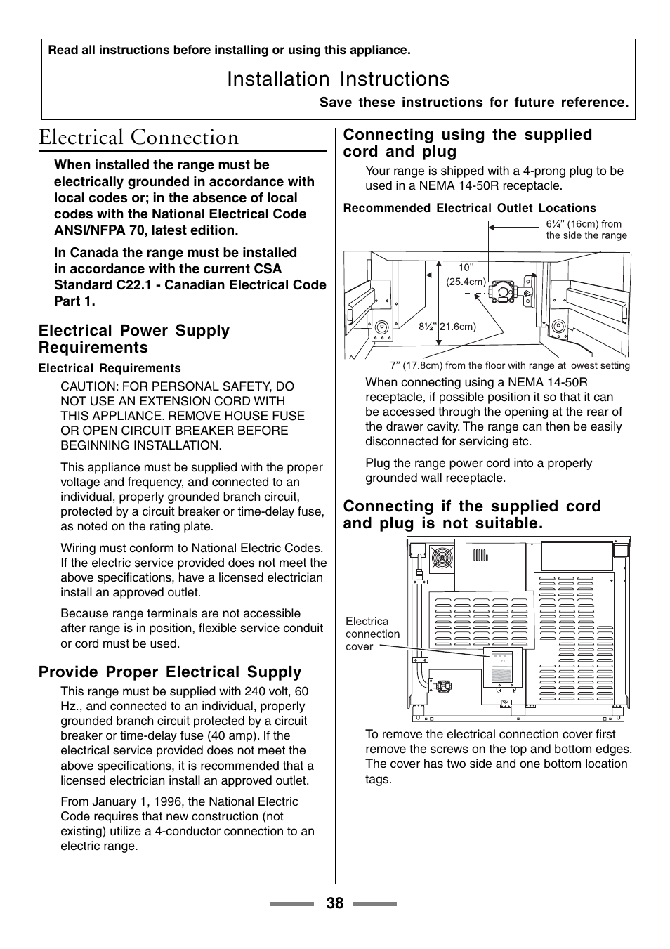 Electrical connection, Installation instructions | Aga Ranges U104001-03 User Manual | Page 40 / 56