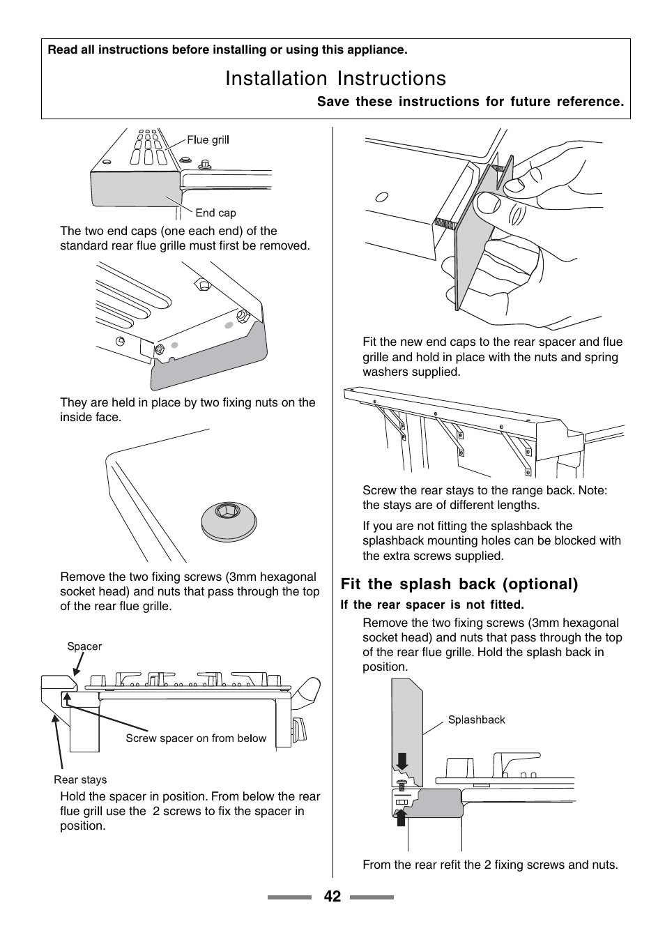 Installation instructions, Fit the splash back (optional) | Aga Ranges U104001-03 User Manual | Page 44 / 56
