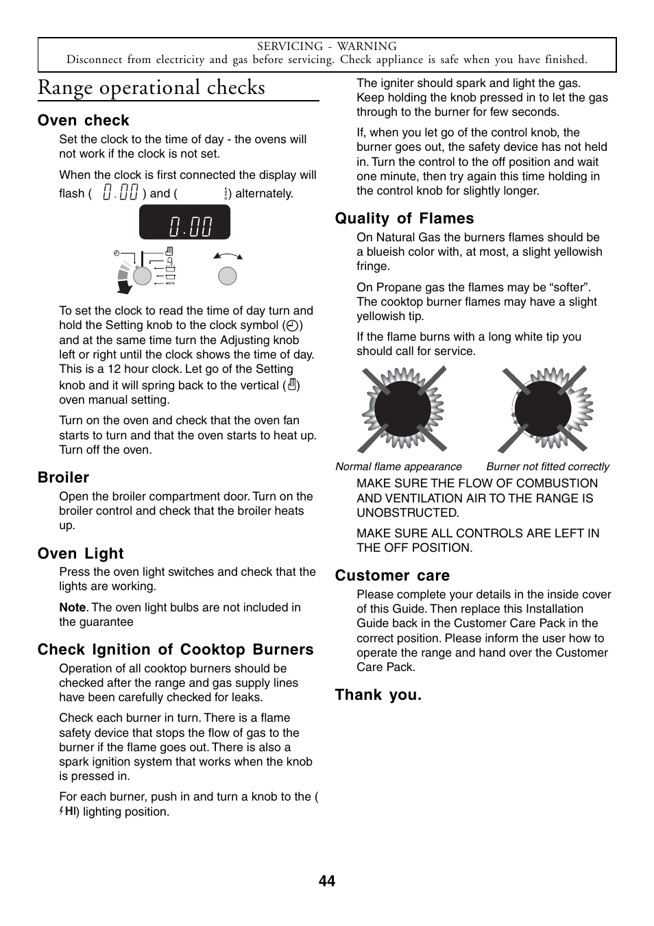 Range operational checks, Oven check, Broiler | Oven light, Check ignition of cooktop burners, Quality of flames, Customer care | Aga Ranges U104001-03 User Manual | Page 46 / 56