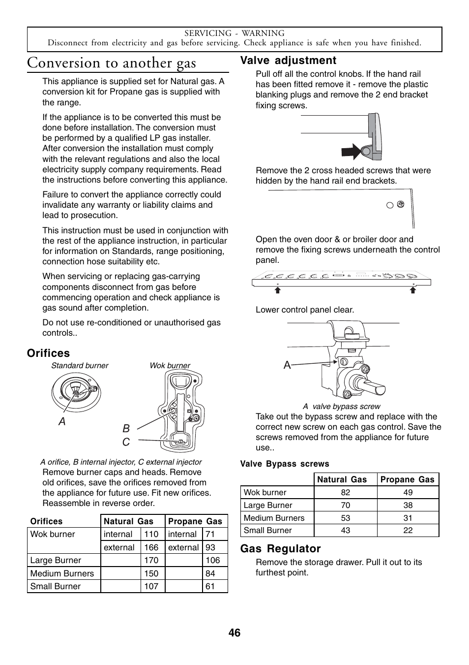 Conversion to another gas, Orifices, Valve adjustment | Gas regulator | Aga Ranges U104001-03 User Manual | Page 48 / 56