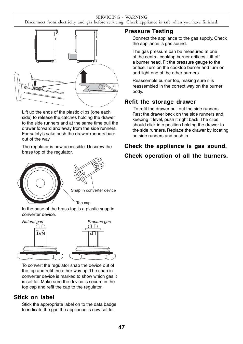 Stick on label, Pressure testing, Refit the storage drawer | Aga Ranges U104001-03 User Manual | Page 49 / 56