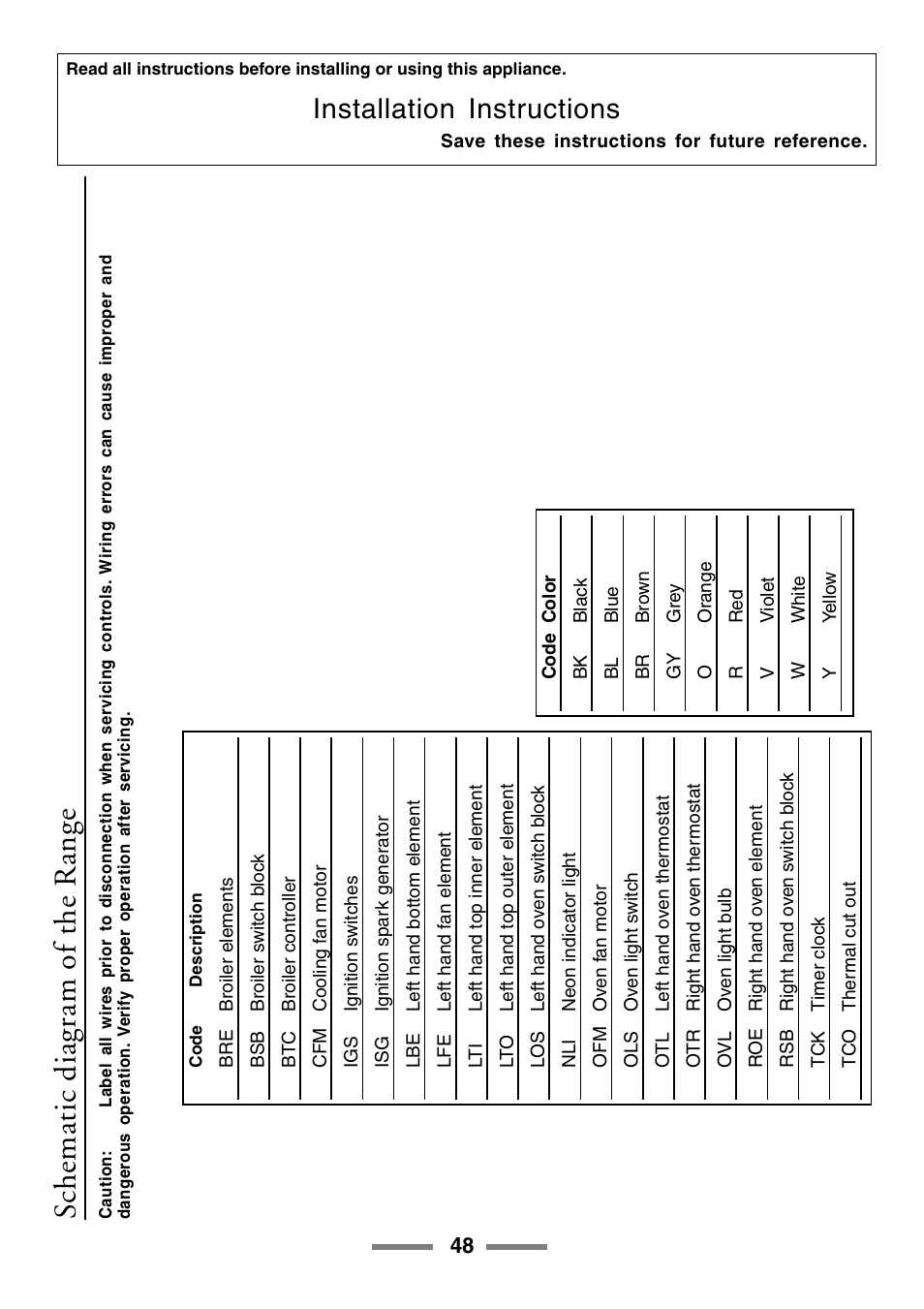Schematic diagram of the range, Installation instructions | Aga Ranges U104001-03 User Manual | Page 50 / 56