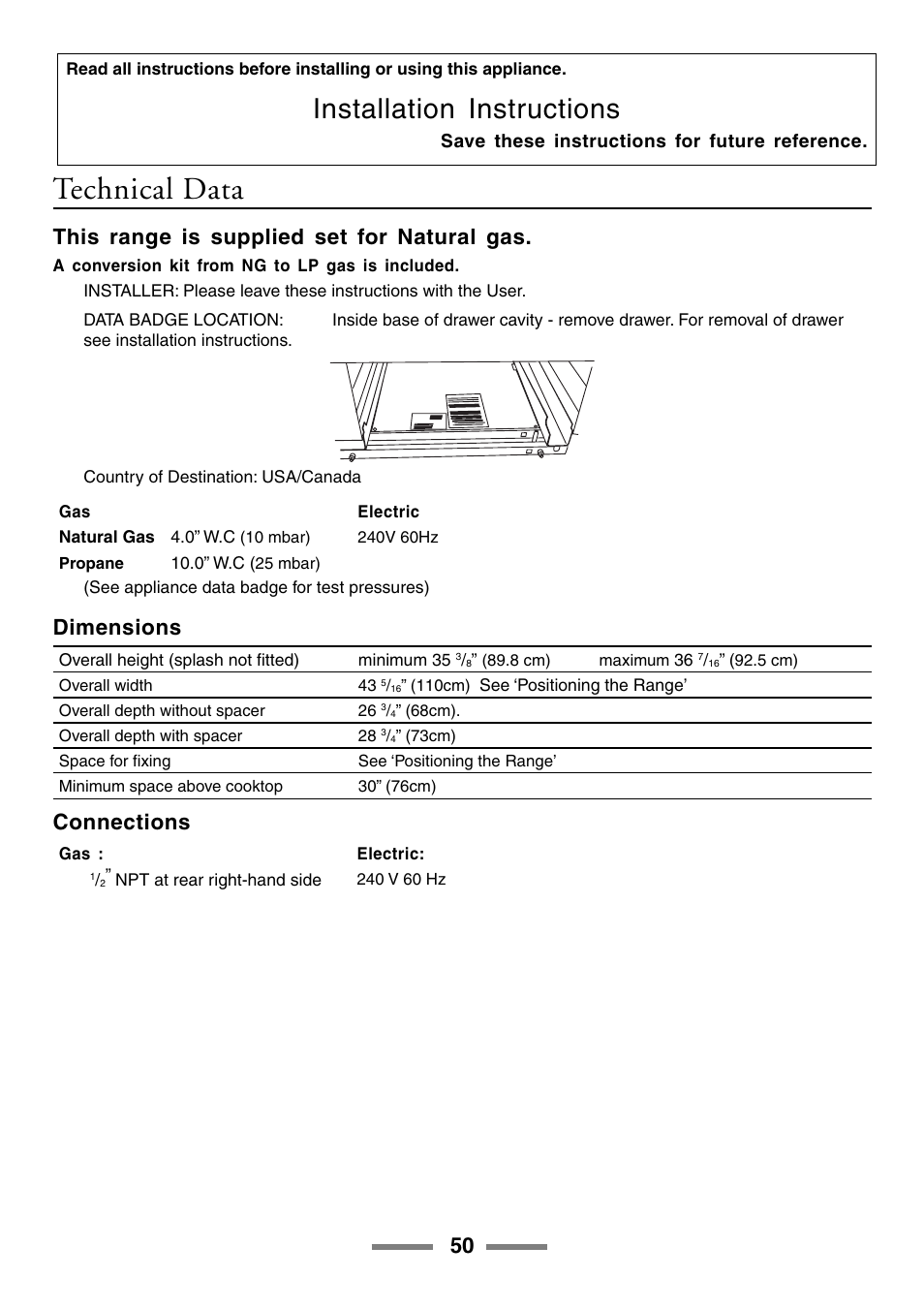 Technical data, Installation instructions, This range is supplied set for natural gas | Dimensions, Connections | Aga Ranges U104001-03 User Manual | Page 52 / 56