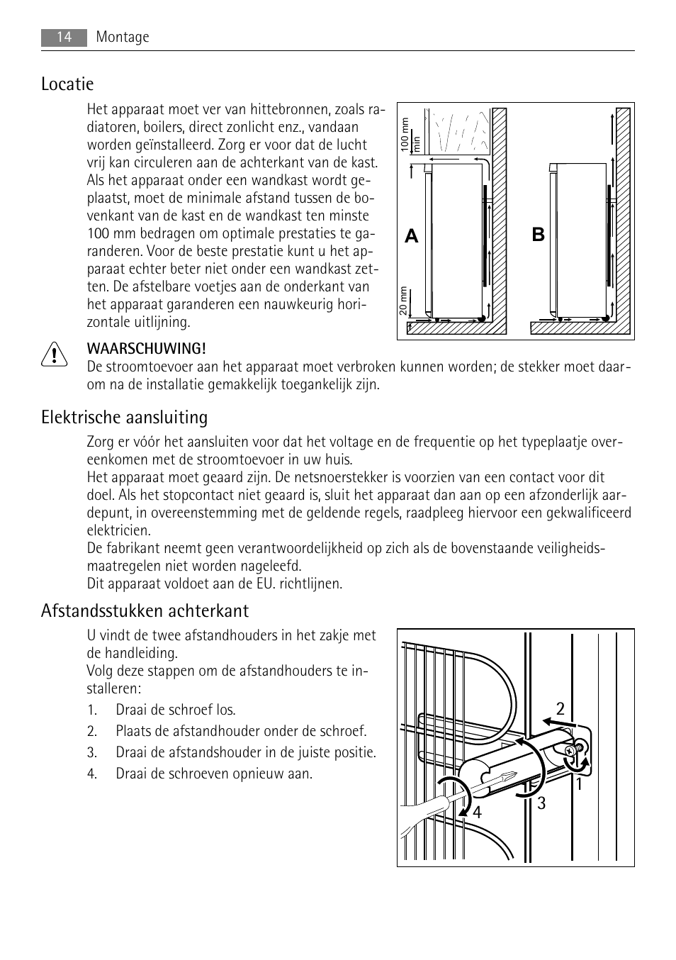 Locatie, Elektrische aansluiting, Afstandsstukken achterkant | AEG A51700GSW0 User Manual | Page 14 / 64