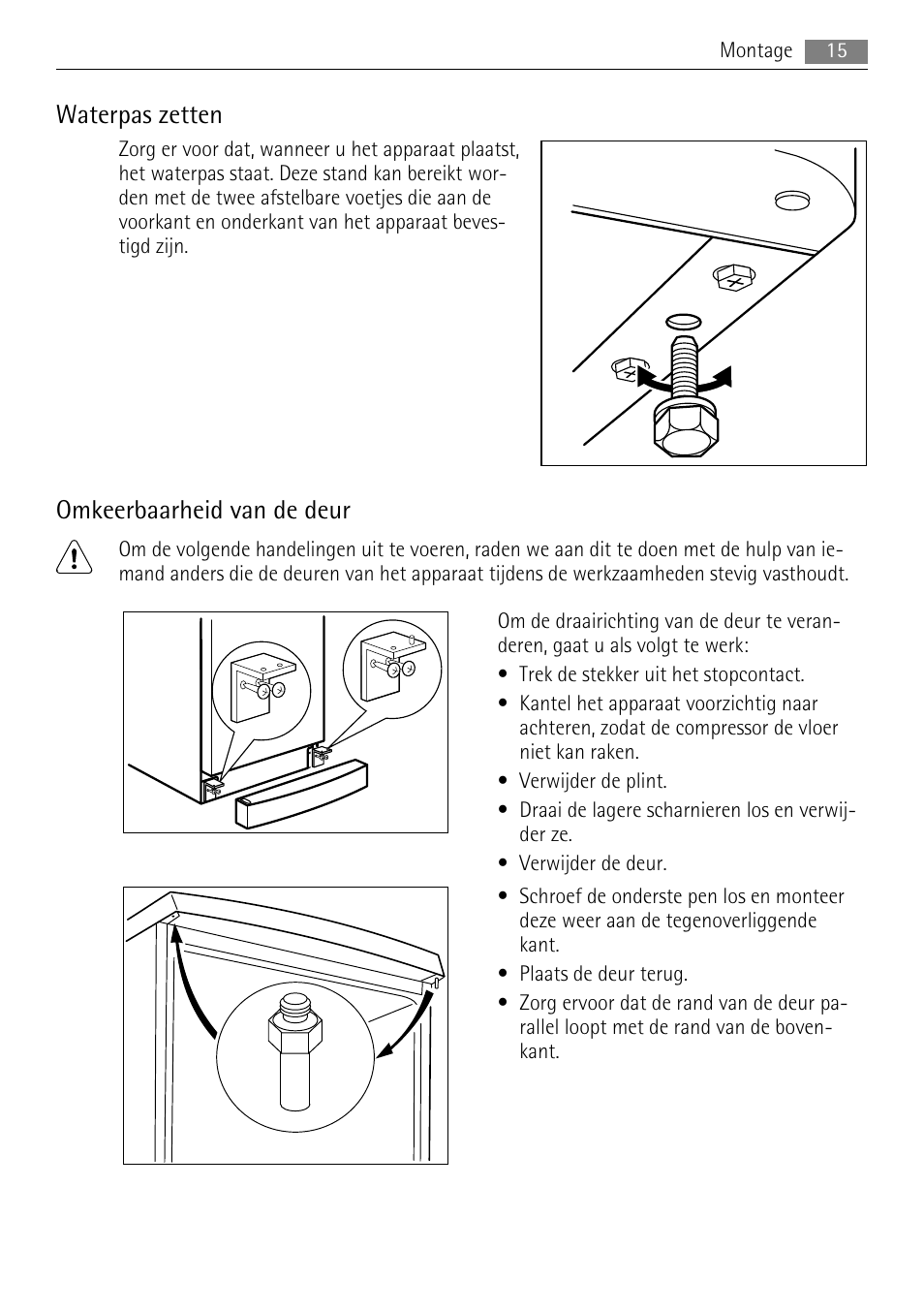 Waterpas zetten, Omkeerbaarheid van de deur | AEG A51700GSW0 User Manual | Page 15 / 64