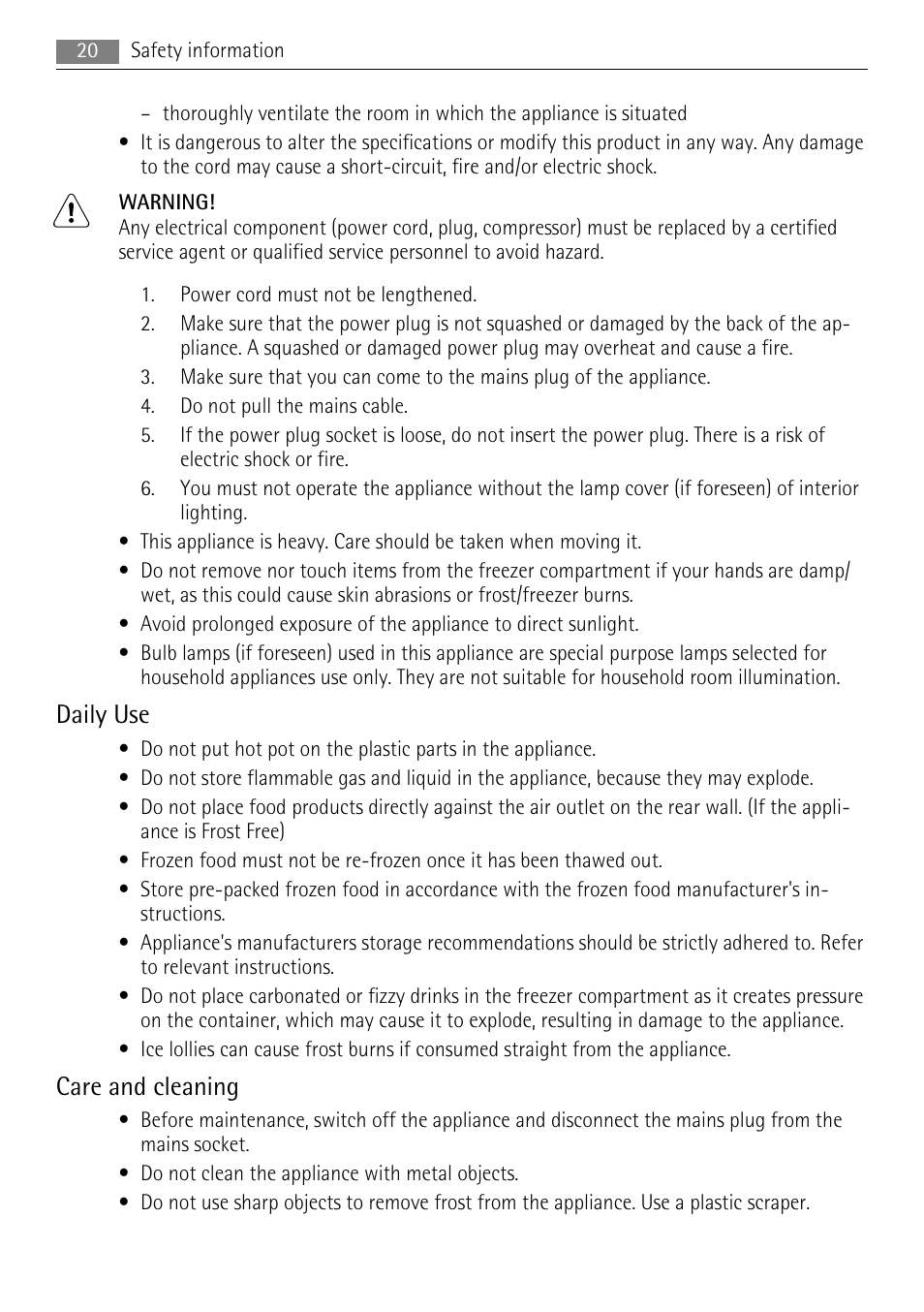 Daily use, Care and cleaning | AEG A51700GSW0 User Manual | Page 20 / 64